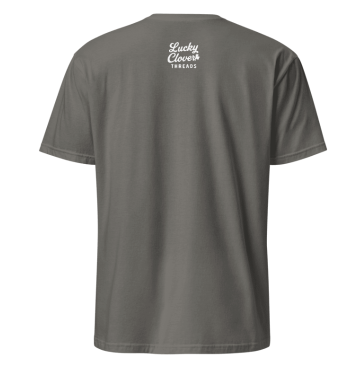 Gray t-shirt with 'Lucky Clover Threads' logo on the back against a white background