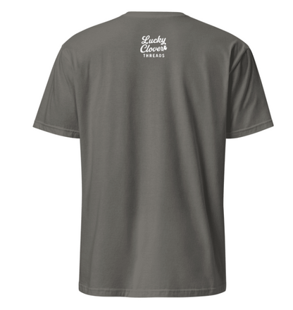 Gray t-shirt with 'Lucky Clover Threads' logo on the back against a white background