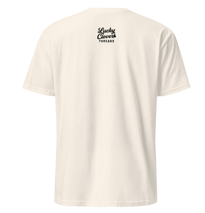 Beige t-shirt with 'Lucky Clover Threads' logo on a white background