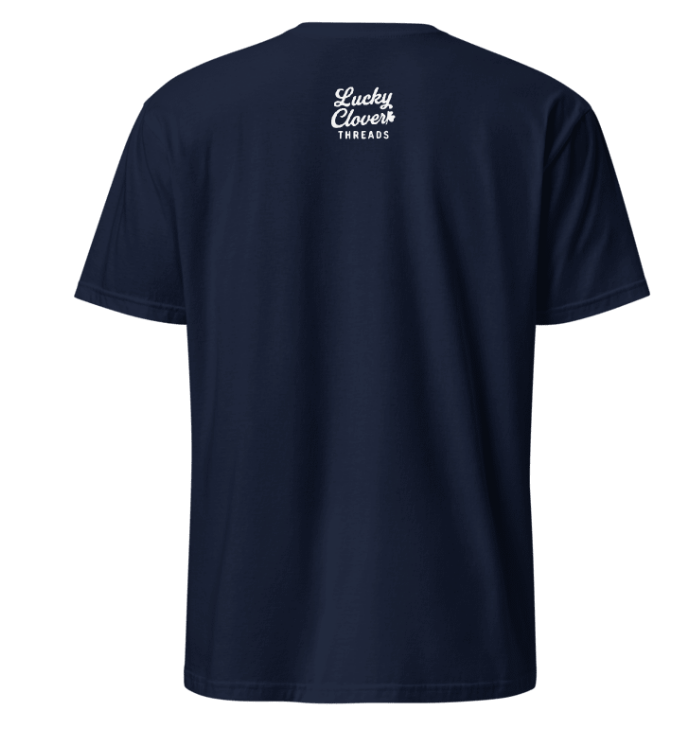 Navy blue t-shirt with 'Lucky Clover Threads' logo on the back against a white background