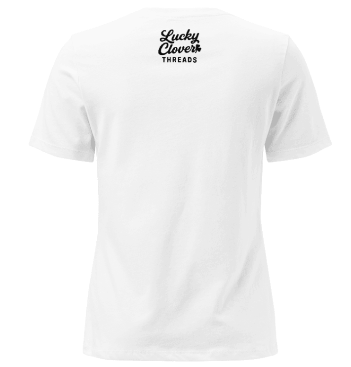 White t-shirt with 'Lucky Clover Threads' logo on a white background