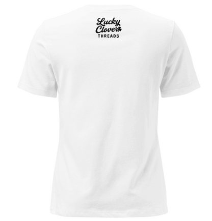 White t-shirt with 'Lucky Clover Threads' logo on a white background