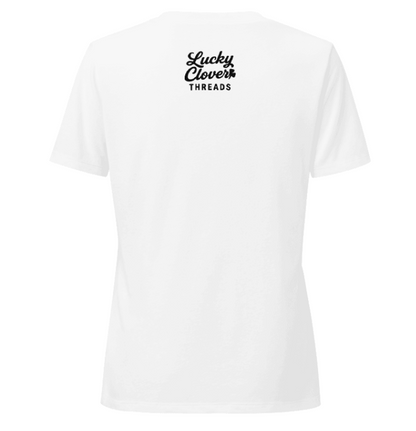 White t-shirt with 'Lucky Clover Threads' logo on a white background
