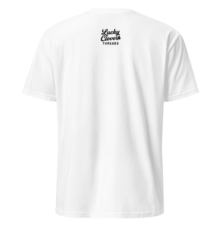 White t-shirt with 'Lucky Clover Threads' logo on a white background