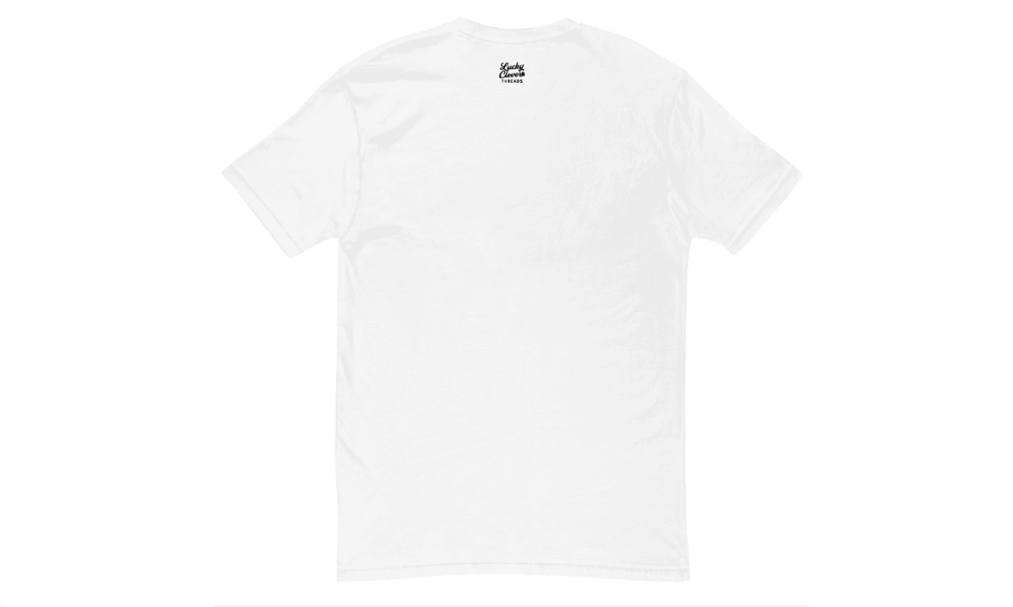 White t-shirt with a small logo on a white background