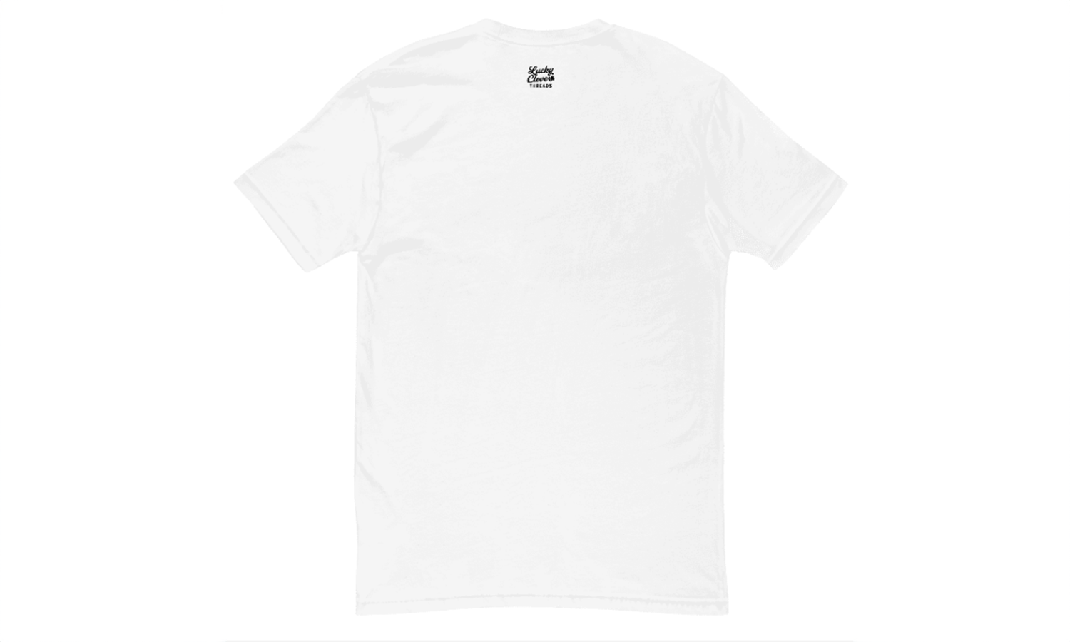 White t-shirt with a small logo on a white background