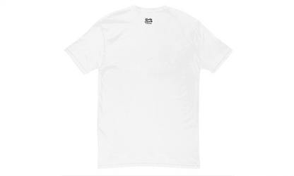 White t-shirt with a small logo on a white background