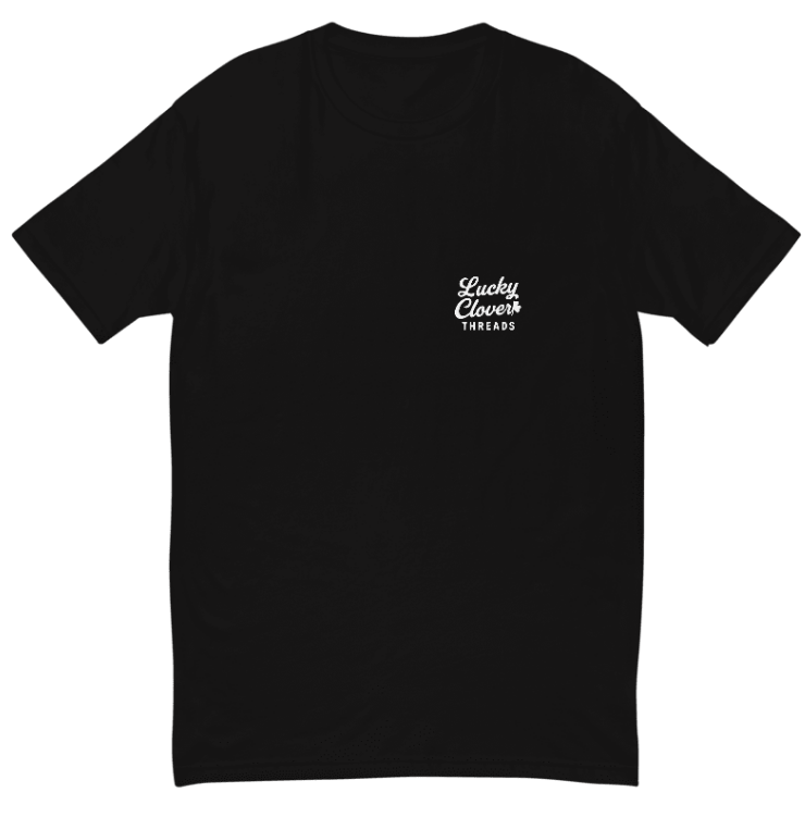 Black t-shirt with 'Lucky Clover Threads' logo on a white background