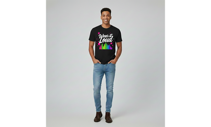 Person wearing a black t-shirt with colorful text and graphics on a plain background