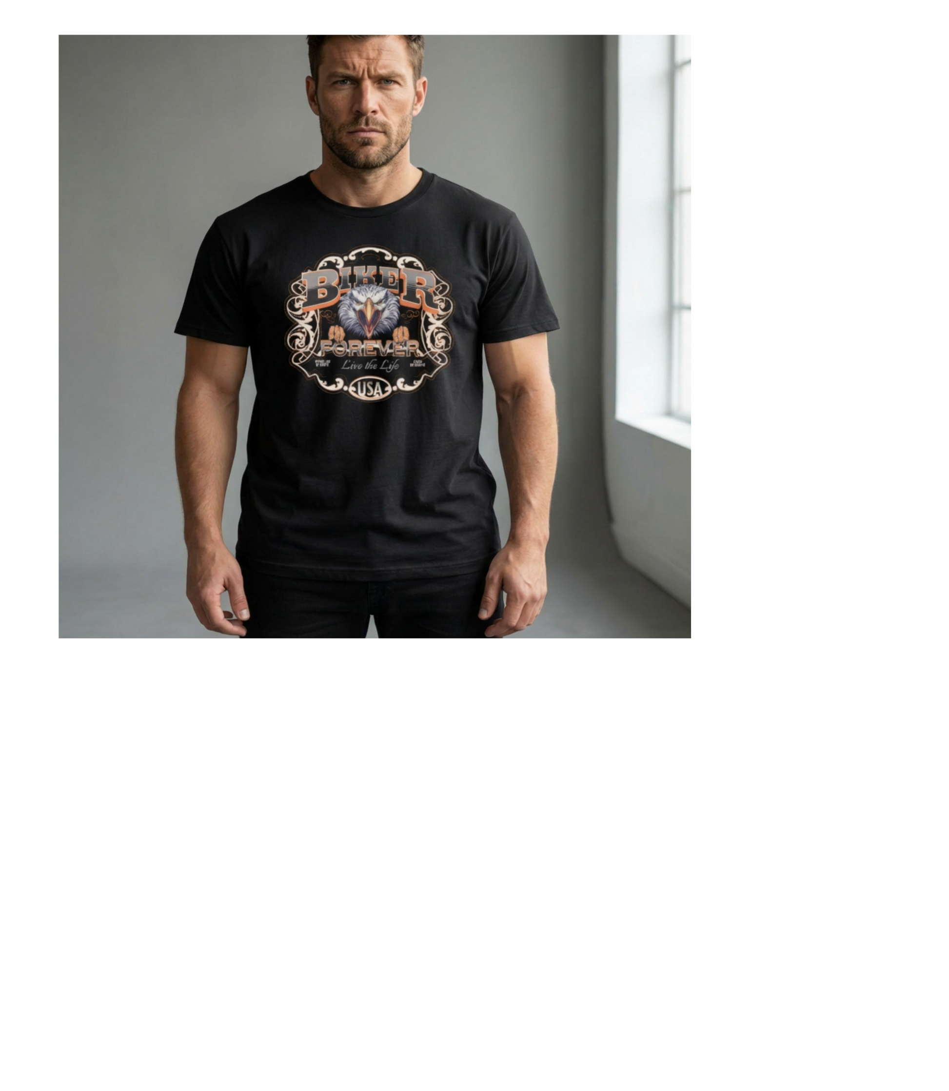 Man wearing a black t-shirt with a colorful graphic design in a neutral setting