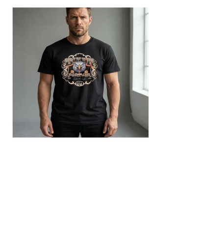 Man wearing a black t-shirt with a colorful graphic design in a neutral setting