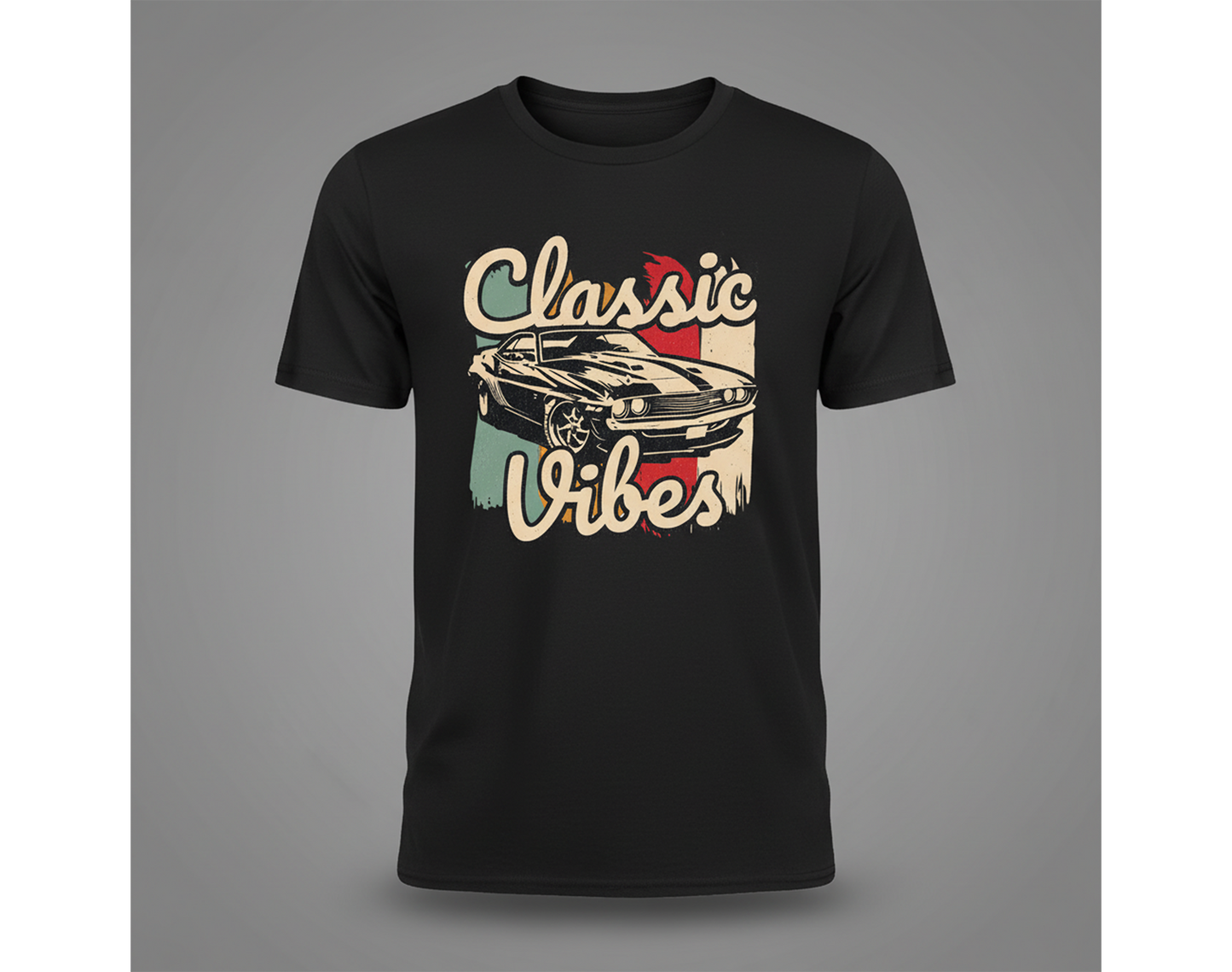 Black t-shirt with 'Classic Vibes' graphic design featuring a car on a gray background