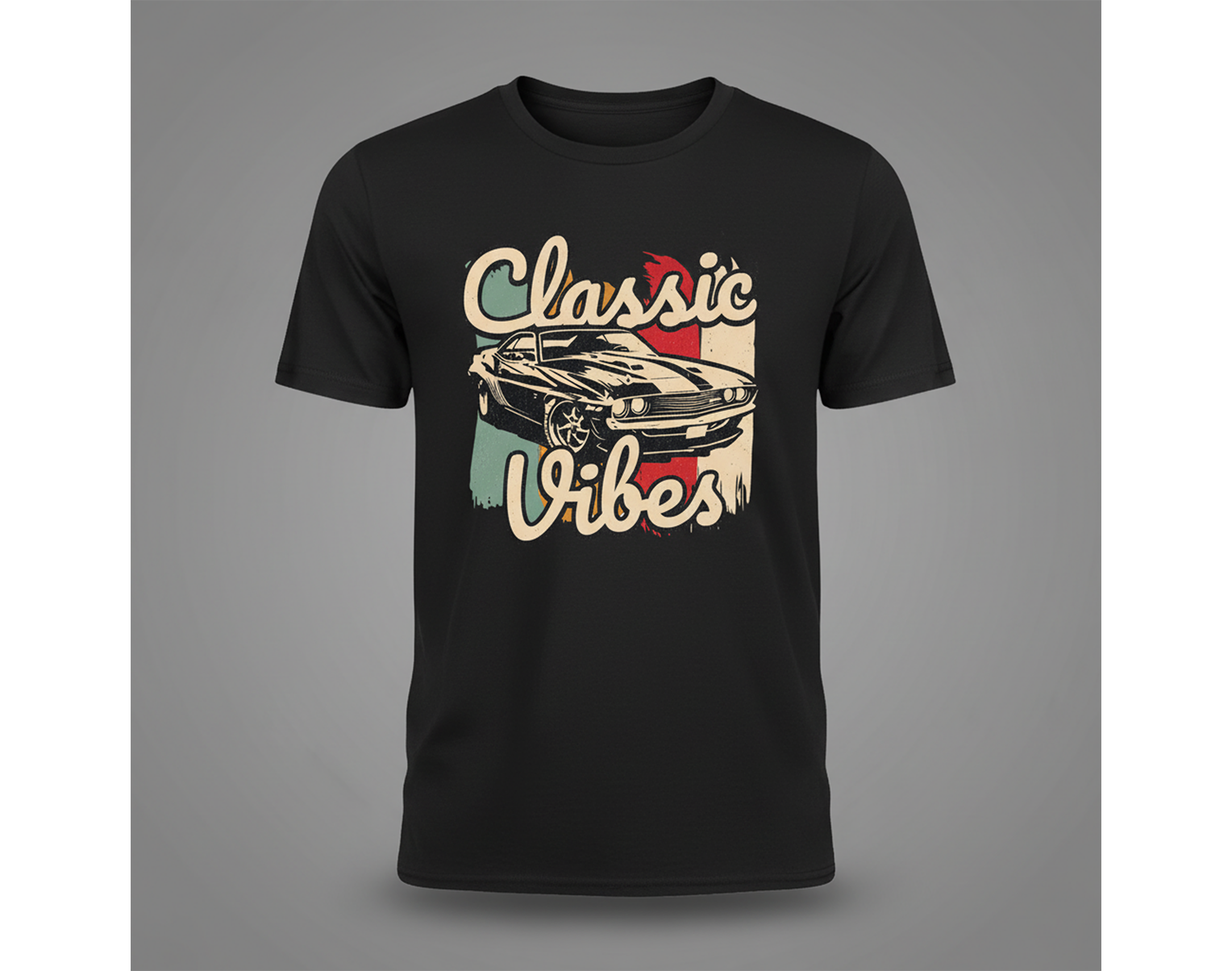 Black t-shirt with 'Classic Vibes' graphic design featuring a car on a gray background