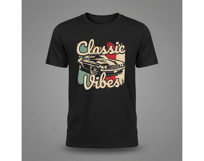 Black t-shirt with 'Classic Vibes' graphic design featuring a car on a gray background
