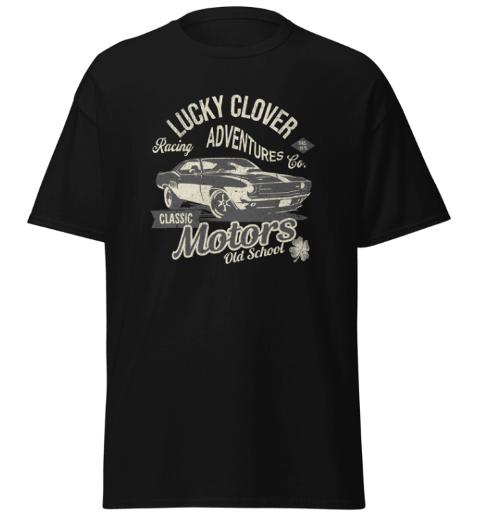 Black t-shirt with white graphic design featuring a car and text on a white background