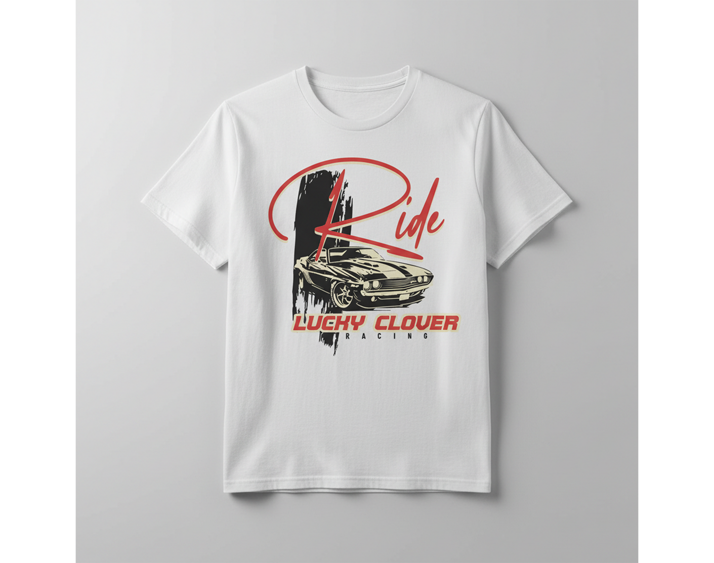 White t-shirt with a graphic design of a car and text on a gray background