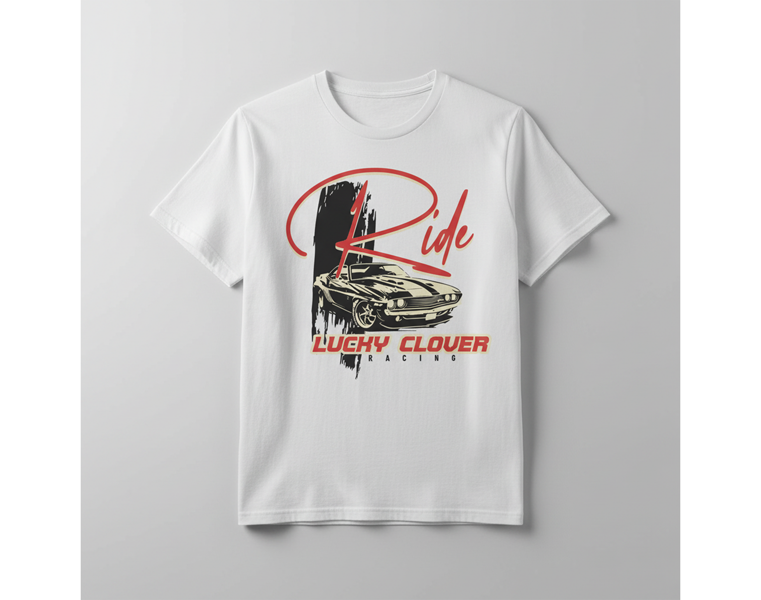 White t-shirt with a graphic design of a car and text on a gray background