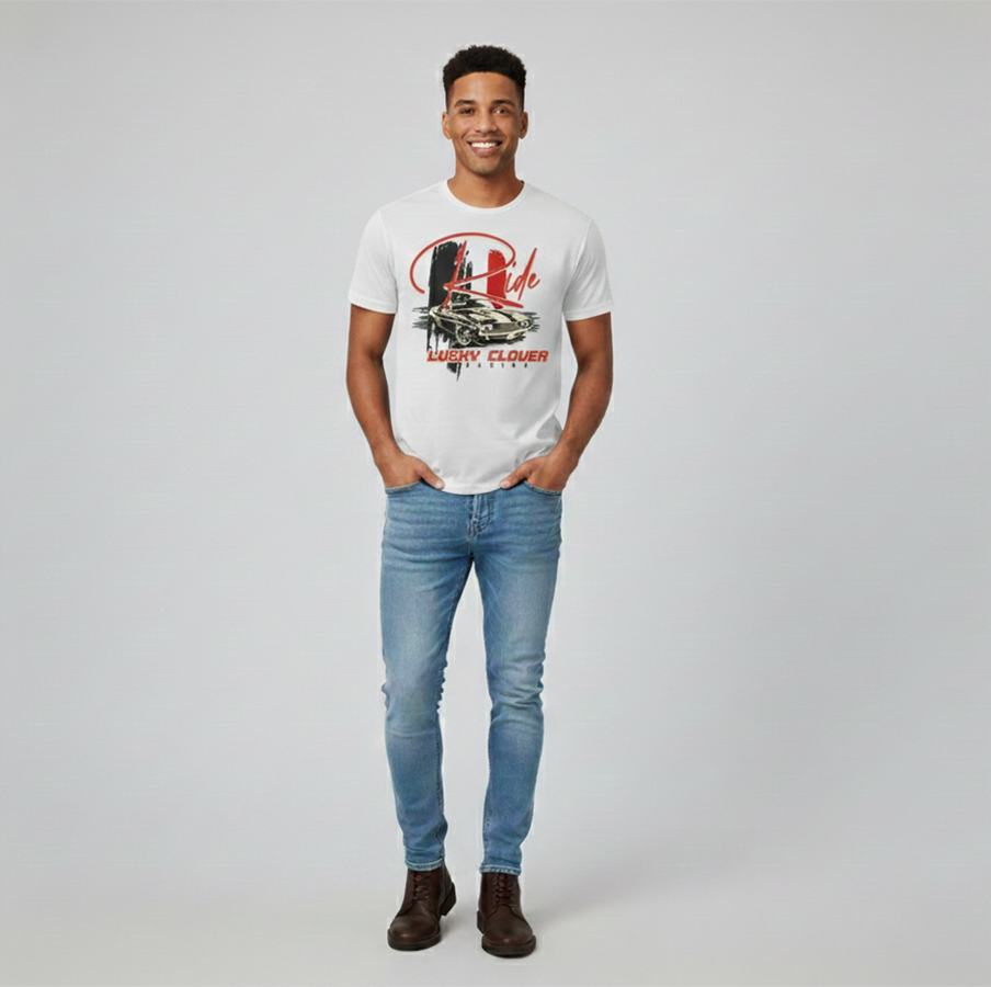 man wearing a muscle car graphic t-shirt