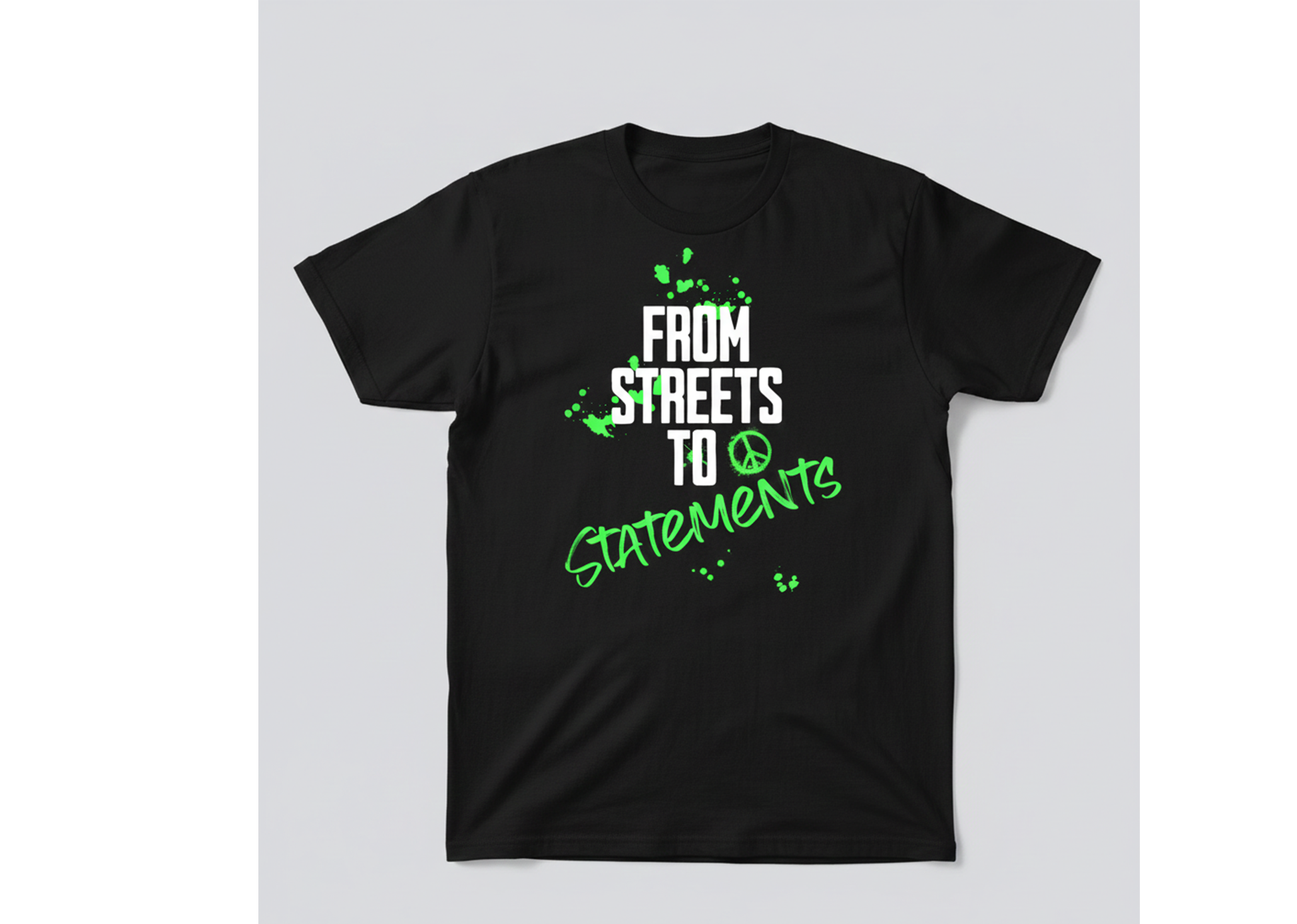 Black t-shirt with white and green text on a light gray background