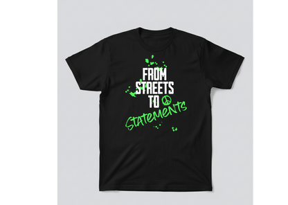 Black t-shirt with white and green text on a light gray background