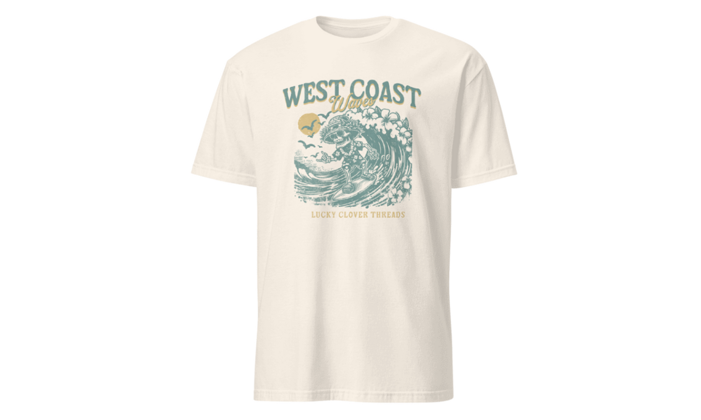 White t-shirt with 'West Coast' graphic design on a white background