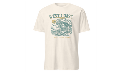 White t-shirt with 'West Coast' graphic design on a white background