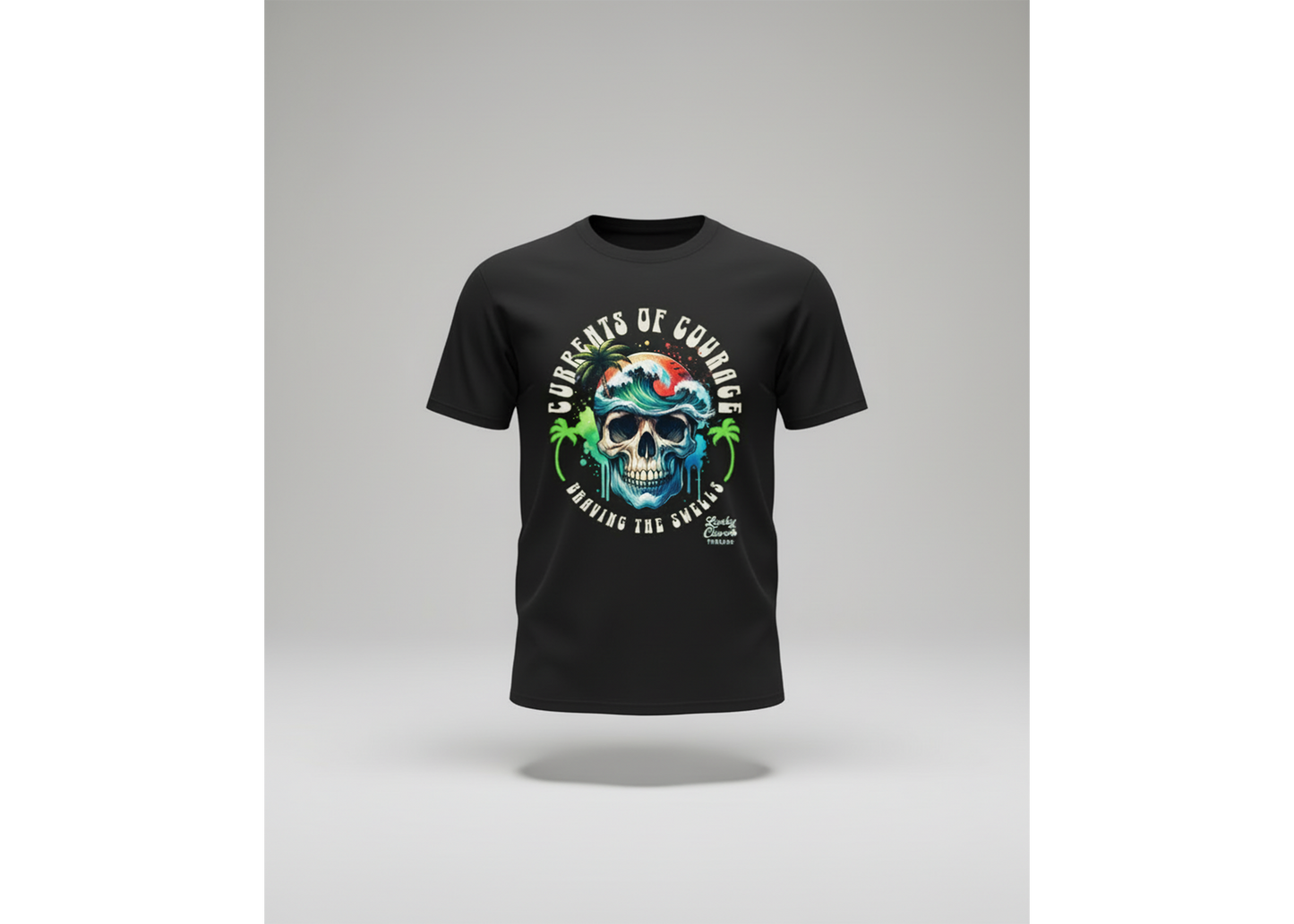 Black t-shirt with a colorful skull design on a gray background
