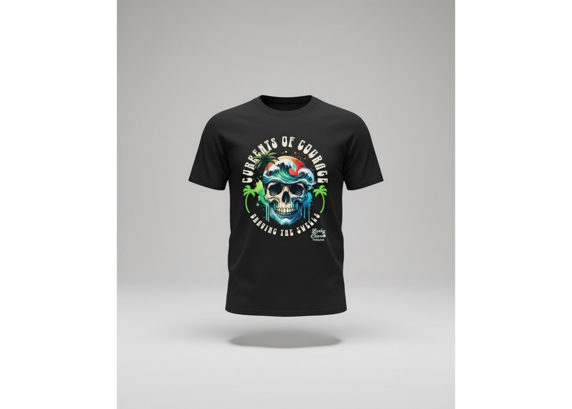 Black t-shirt with a colorful skull design on a gray background