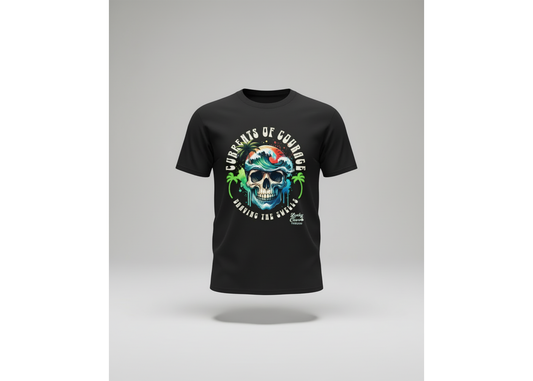 Black t-shirt with a colorful skull design on a gray background