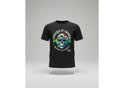 Black t-shirt with a colorful skull design on a gray background