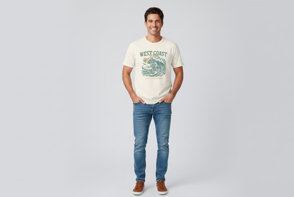 Man wearing a 'West Coast' t-shirt and jeans on a light gray background