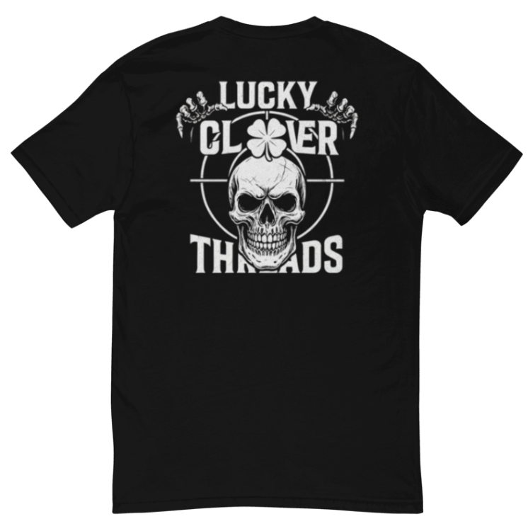 Black t-shirt with a skull and text design on the back against a white background