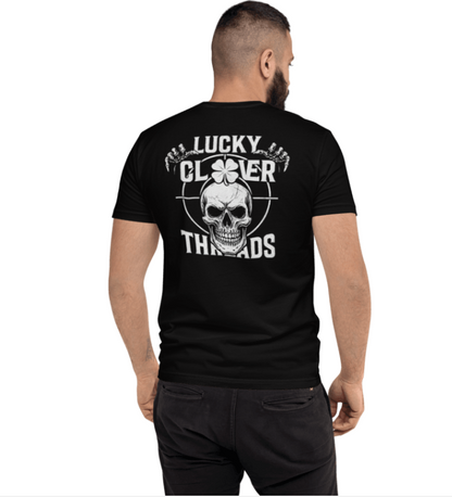 Man wearing a black t-shirt with a skull design and text on the back, on a white background