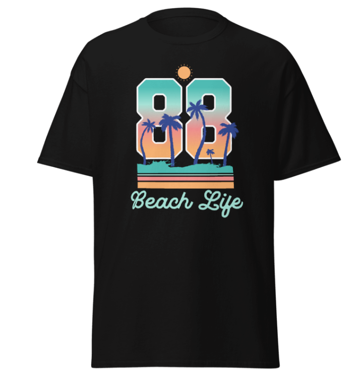 Black t-shirt with '88 Beach Life' graphic design on a white background