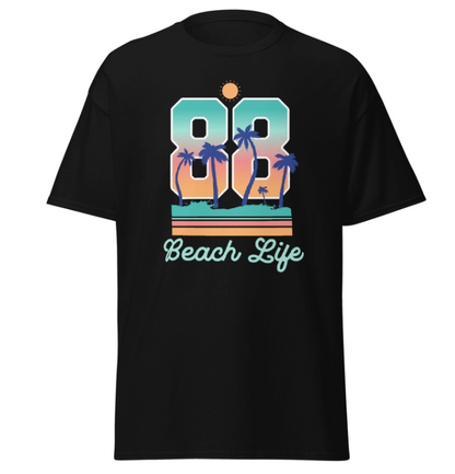 Black t-shirt with '88 Beach Life' graphic design on a white background