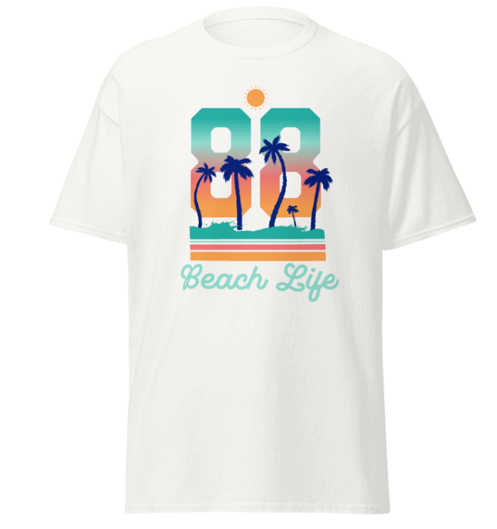 White t-shirt with 'Beach Life' graphic featuring palm trees and the number 88 on a white background.