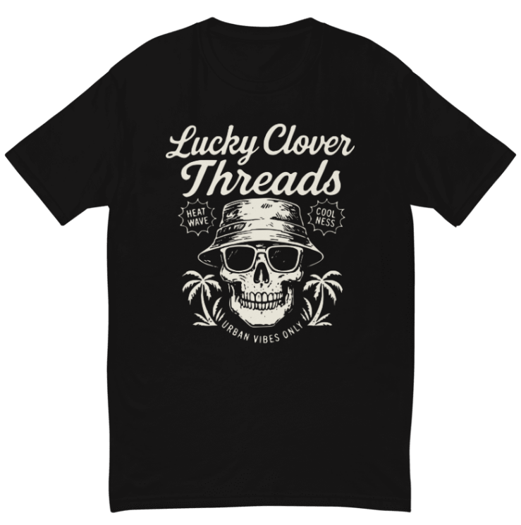 Black t-shirt with a skull wearing sunglasses and a hat, and 'Lucky Clover Threads' text.