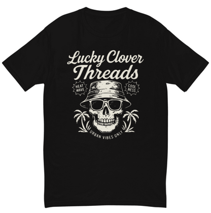 Black t-shirt with a skull wearing sunglasses and a hat, and 'Lucky Clover Threads' text.