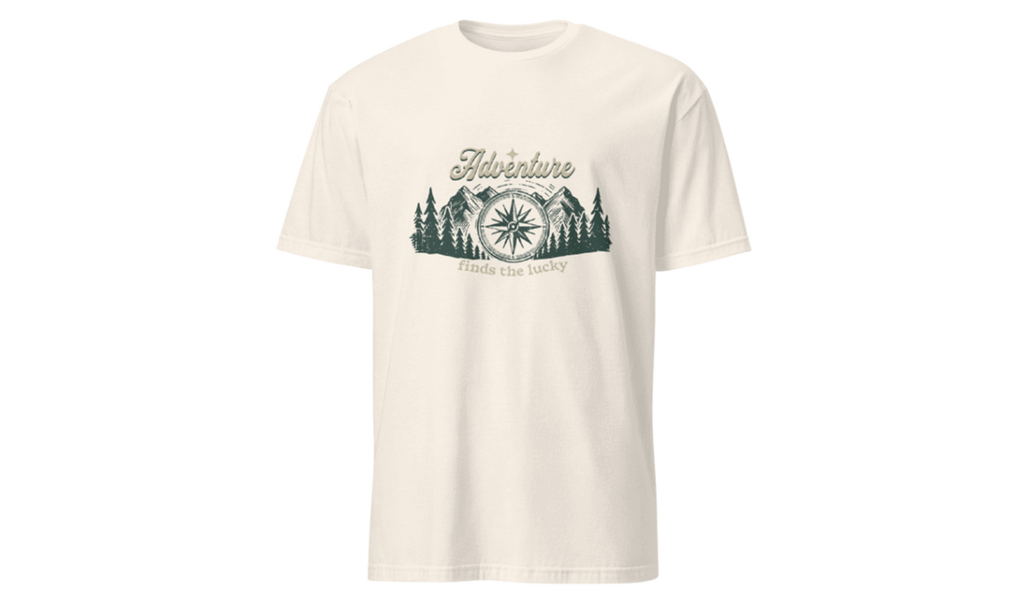 White t-shirt with 'Adventure' graphic on a white background