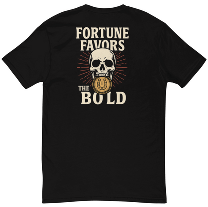 Black t-shirt with skull and coin graphic and 'Fortune Favors the Bold' text on a white background