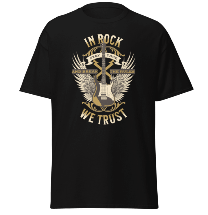 Black t-shirt with a guitar graphic and text on a white background