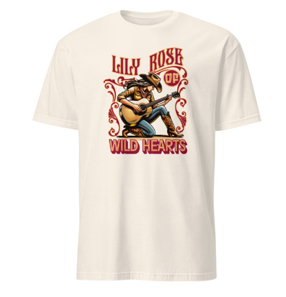 White t-shirt with a graphic design of a person playing guitar and text 'Lily Rose of Wild Hearts' on a white background.