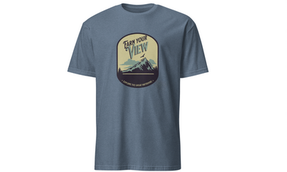 Blue t-shirt with a mountain graphic and text on a white background