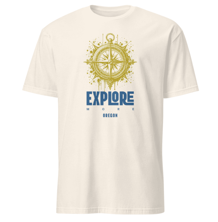 White t-shirt with a compass graphic and 'Explore More Oregon' text on a white background