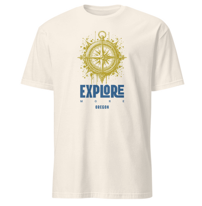 White t-shirt with a compass graphic and 'Explore More Oregon' text on a white background
