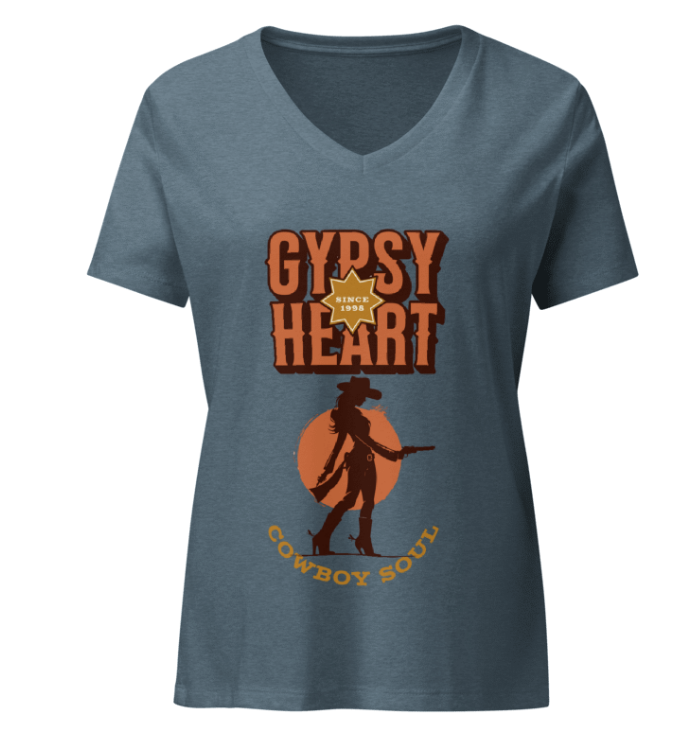 Blue t-shirt with 'Gypsy Heart, Cowboy Soul' design on a white background