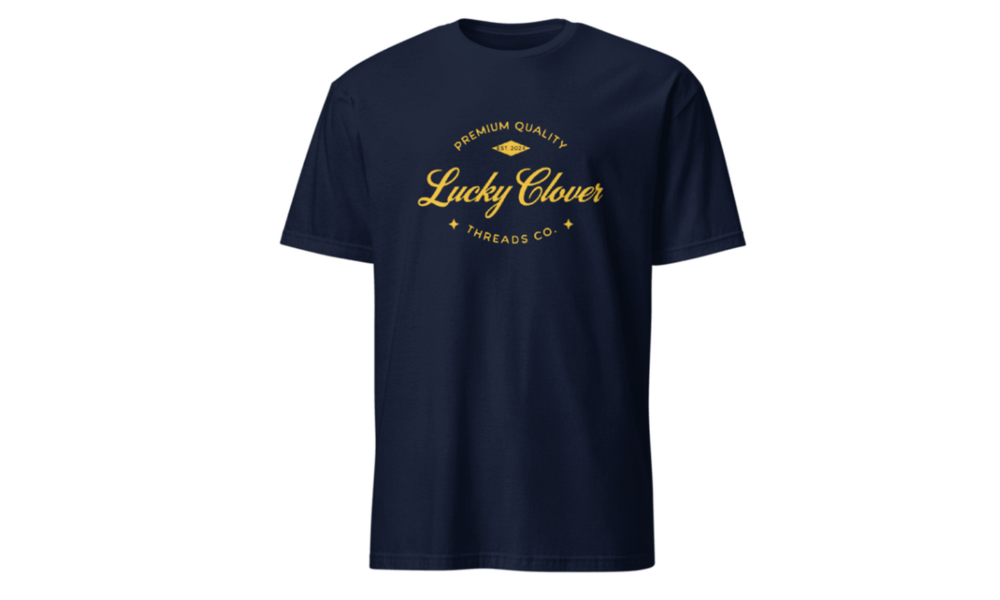 Navy blue t-shirt with yellow text and logo on a white background