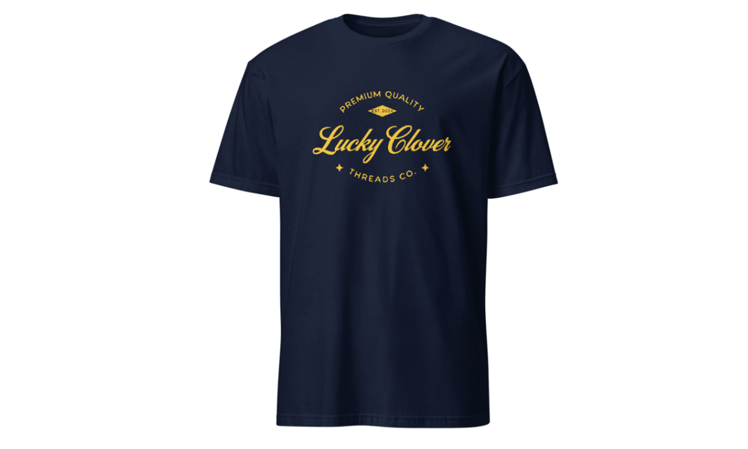 Navy blue t-shirt with yellow text and logo on a white background