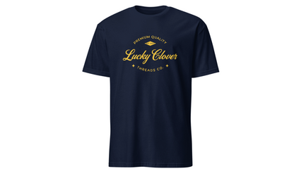 Navy blue t-shirt with yellow text and logo on a white background