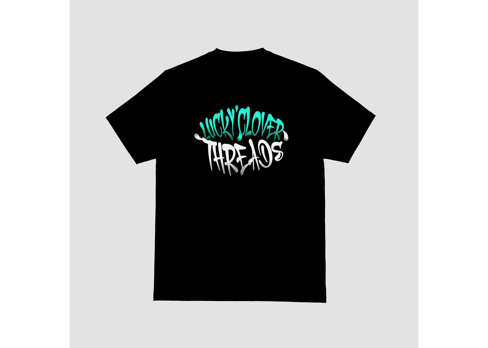 Black t-shirt with colorful text design on a light gray background